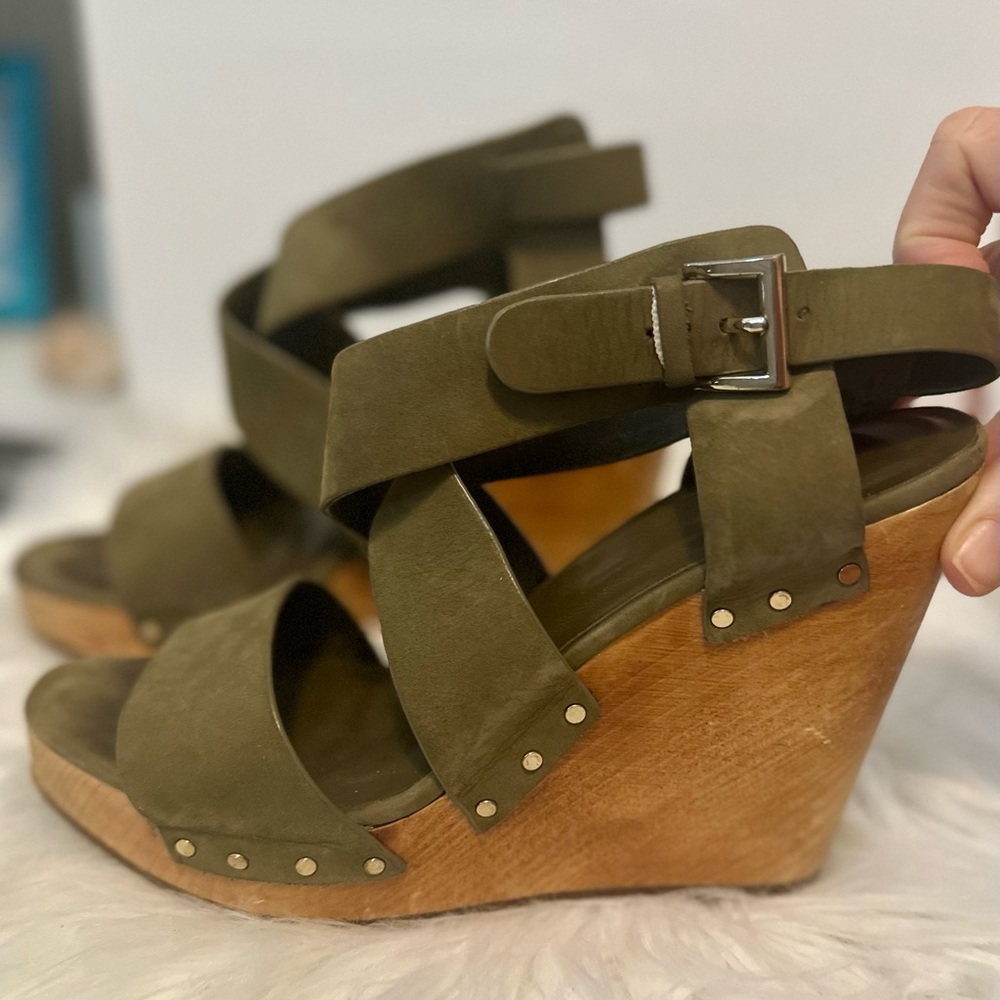 Joie wooden wedge heeled sandals olive green